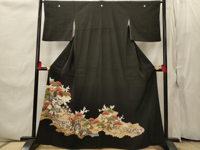 平和屋着物■豪華黒留袖　駒刺繍　御所車花松文　金彩　正絹　逸品　AABI8337st