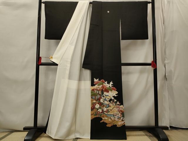 平和屋着物■豪華黒留袖　駒刺繍　御所車花松文　金彩　正絹　逸品　AABI8337st
