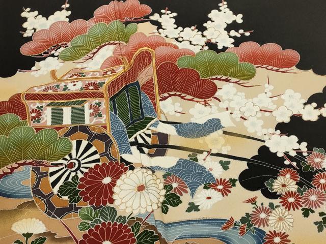 平和屋着物■豪華黒留袖　駒刺繍　御所車花松文　金彩　正絹　逸品　AABI8337st