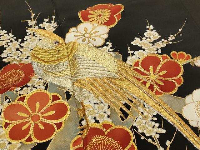 平和屋着物■豪華黒留袖　駒刺繍　花鳥文　金銀糸　金彩　正絹　逸品　AABI8338st