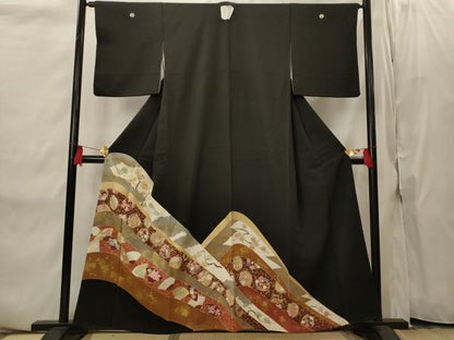 平和屋着物■豪華黒留袖　刺繍　花松文　金糸　金彩　正絹　逸品　AABI8339st