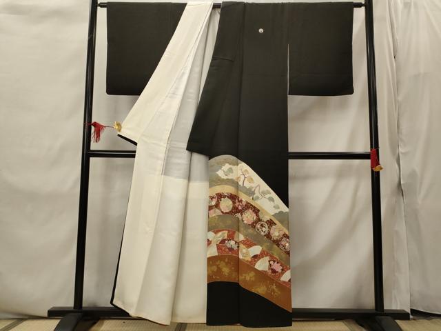 平和屋着物■豪華黒留袖　刺繍　花松文　金糸　金彩　正絹　逸品　AABI8339st