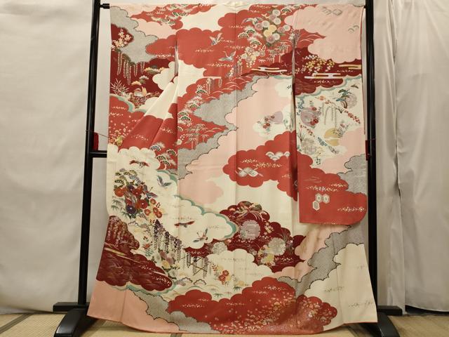平和屋着物■豪華振袖　駒刺繍　雲取り飛鶴花文　金銀彩　正絹　逸品　AABI8344st
