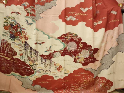 平和屋着物■豪華振袖　駒刺繍　雲取り飛鶴花文　金銀彩　正絹　逸品　AABI8344st