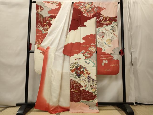 平和屋着物■豪華振袖　駒刺繍　雲取り飛鶴花文　金銀彩　正絹　逸品　AABI8344st