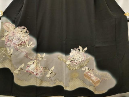 平和屋着物■豪華黒留袖　刺繍　飛鶴花文　暈し染め　金彩　正絹　逸品　AABI8359st