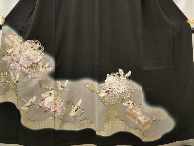 平和屋着物■豪華黒留袖　刺繍　飛鶴花文　暈し染め　金彩　正絹　逸品　AABI8359st