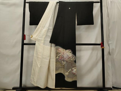 平和屋着物■豪華黒留袖　刺繍　飛鶴花文　暈し染め　金彩　正絹　逸品　AABI8359st