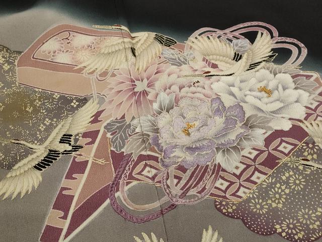 平和屋着物■豪華黒留袖　刺繍　飛鶴花文　暈し染め　金彩　正絹　逸品　AABI8359st