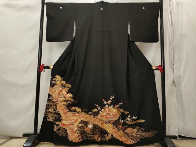 平和屋着物■豪華黒留袖　扇面飛鶴松文　金彩　正絹　逸品　AABI8360st