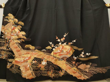 平和屋着物■豪華黒留袖　扇面飛鶴松文　金彩　正絹　逸品　AABI8360st