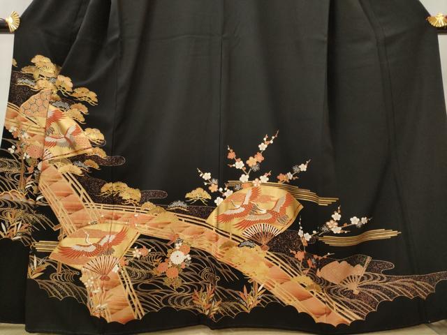 平和屋着物■豪華黒留袖　扇面飛鶴松文　金彩　正絹　逸品　AABI8360st