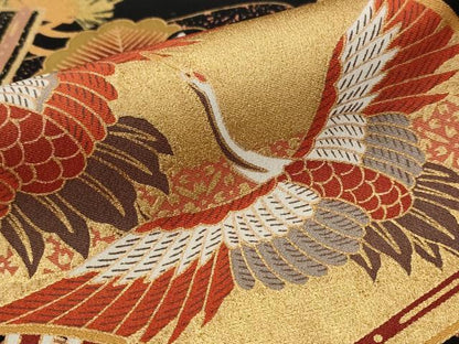 平和屋着物■豪華黒留袖　扇面飛鶴松文　金彩　正絹　逸品　AABI8360st