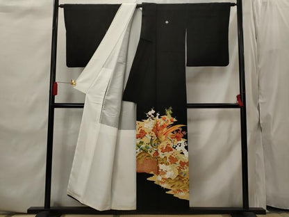 平和屋着物■豪華黒留袖　駒刺繍　花鳥文　金彩　正絹　逸品　AABI8361st