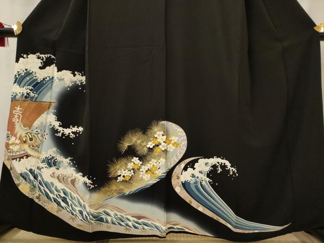 平和屋着物■豪華黒留袖　駒刺繍　宝船　金彩　正絹　逸品　AABI8363st