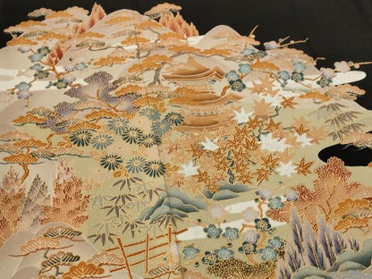 平和屋着物■豪華黒留袖　風景文　金彩　正絹　逸品　AABI8371st