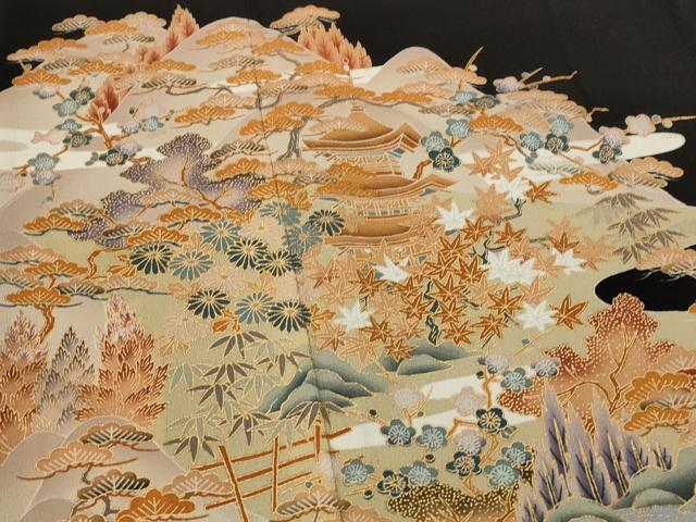 平和屋着物■豪華黒留袖　風景文　金彩　正絹　逸品　AABI8371st