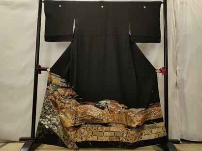 平和屋着物■豪華黒留袖　作家物　駒刺繍　扇面花文　金彩　正絹　逸品　AABI8372st