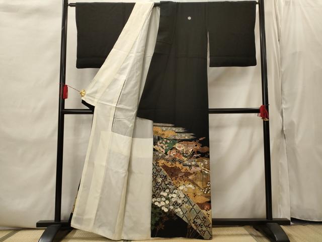 平和屋着物■豪華黒留袖　作家物　駒刺繍　扇面花文　金彩　正絹　逸品　AABI8372st