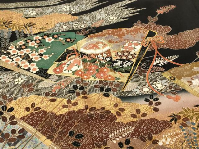 平和屋着物■豪華黒留袖　作家物　駒刺繍　扇面花文　金彩　正絹　逸品　AABI8372st