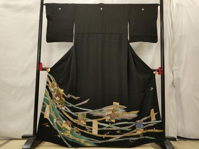 平和屋着物■豪華黒留袖　作家物　駒刺繍　色紙人物風景文　金彩　正絹　逸品　AABI8384st
