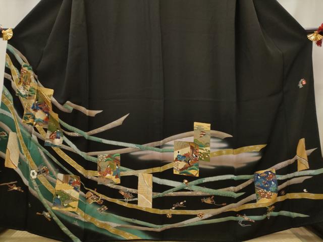 平和屋着物■豪華黒留袖　作家物　駒刺繍　色紙人物風景文　金彩　正絹　逸品　AABI8384st