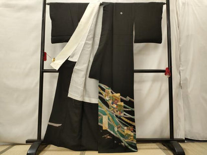 平和屋着物■豪華黒留袖　作家物　駒刺繍　色紙人物風景文　金彩　正絹　逸品　AABI8384st