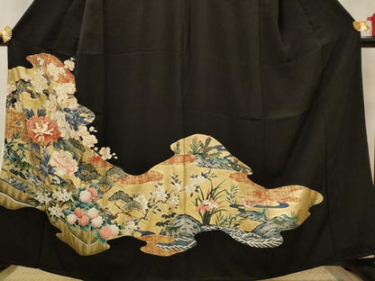 平和屋着物■豪華黒留袖　駒刺繍　花鳥文　金彩　正絹　逸品　AABI8390st