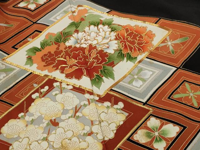 平和屋着物■豪華黒留袖　駒刺繍　花菱文　金彩　正絹　逸品　AABI8392st
