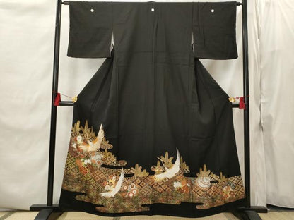 平和屋着物■豪華黒留袖　駒刺繍　飛鶴花文　金彩　正絹　逸品　AABI8393st