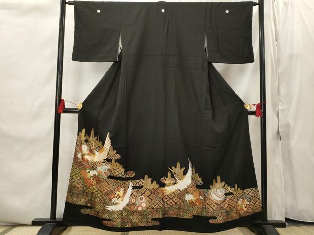 平和屋着物■豪華黒留袖　駒刺繍　飛鶴花文　金彩　正絹　逸品　AABI8393st