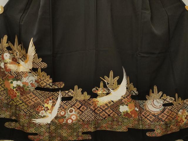 平和屋着物■豪華黒留袖　駒刺繍　飛鶴花文　金彩　正絹　逸品　AABI8393st