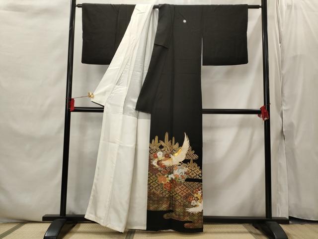 平和屋着物■豪華黒留袖　駒刺繍　飛鶴花文　金彩　正絹　逸品　AABI8393st