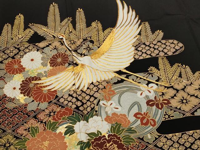平和屋着物■豪華黒留袖　駒刺繍　飛鶴花文　金彩　正絹　逸品　AABI8393st