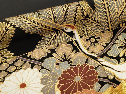 平和屋着物■豪華黒留袖　駒刺繍　飛鶴花文　金彩　正絹　逸品　AABI8393st