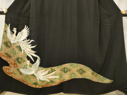 平和屋着物■豪華黒留袖　駒刺繍　鳳凰蜀江花文　金銀糸　金彩　正絹　逸品　AABI8395st