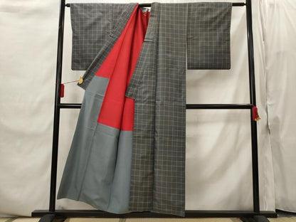 平和屋着物■上質な紬　格子　正絹　逸品　AABI8396st