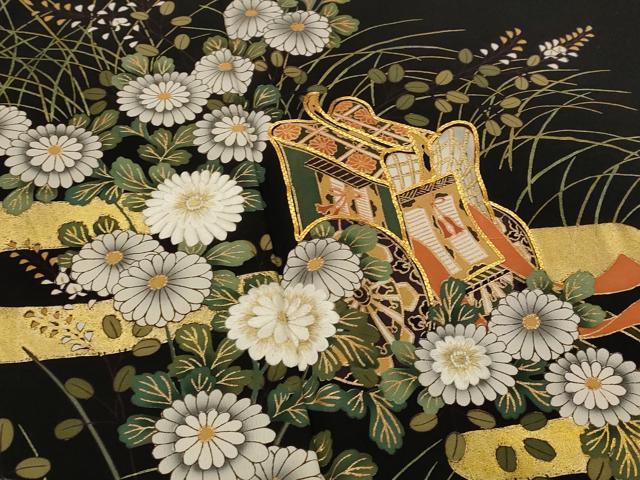 平和屋着物■豪華黒留袖　駒刺繍　御所車花文　金糸　正絹　逸品　AABI8410st