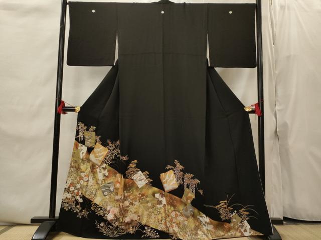 平和屋着物■豪華黒留袖　駒刺繍　色紙飛鶴花文　金銀彩　正絹　逸品　AABI8411st