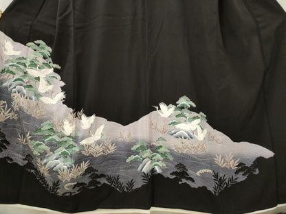 平和屋着物■豪華黒留袖 刺繍 流水飛鶴松文 正絹 逸品 AABI8434st