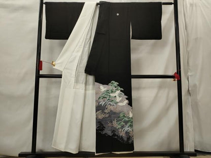 平和屋着物■豪華黒留袖 刺繍 流水飛鶴松文 正絹 逸品 AABI8434st