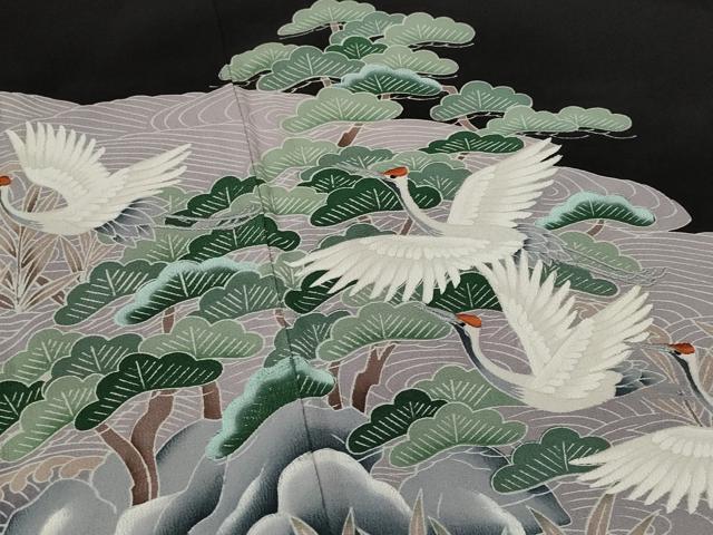 平和屋着物■豪華黒留袖 刺繍 流水飛鶴松文 正絹 逸品 AABI8434st
