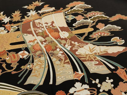 平和屋着物■豪華黒留袖 駒刺繍 几帳花文 金彩 正絹 逸品 AABI8435st