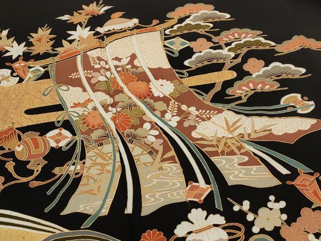 平和屋着物■豪華黒留袖 駒刺繍 几帳花文 金彩 正絹 逸品 AABI8435st
