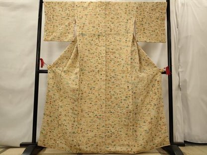 平和屋着物■上質な小紋　型染め　草花文　鬼しぼ縮緬　正絹　逸品　AABI8452st