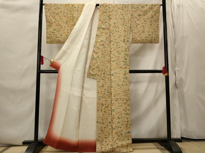 平和屋着物■上質な小紋　型染め　草花文　鬼しぼ縮緬　正絹　逸品　AABI8452st