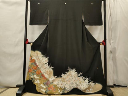 平和屋着物■豪華黒留袖　駒刺繍　草花文　暈し染め　金彩　ロング丈　正絹　逸品　AABI8454st