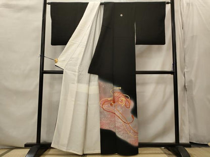 平和屋着物■豪華黒留袖　刺繍　舞扇文　暈し染め　銀彩　正絹　逸品　AABI8468st