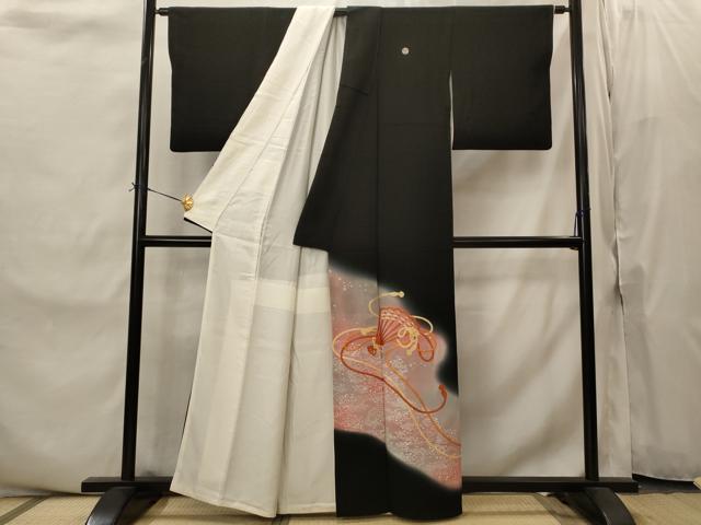 平和屋着物■豪華黒留袖　刺繍　舞扇文　暈し染め　銀彩　正絹　逸品　AABI8468st
