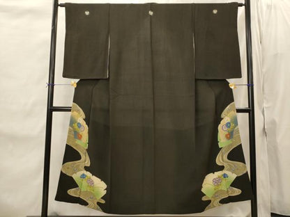 平和屋着物■アンティーク　黒留袖　両褄　流水地紙花文　暈し染め　正絹　逸品　AABI8475st
